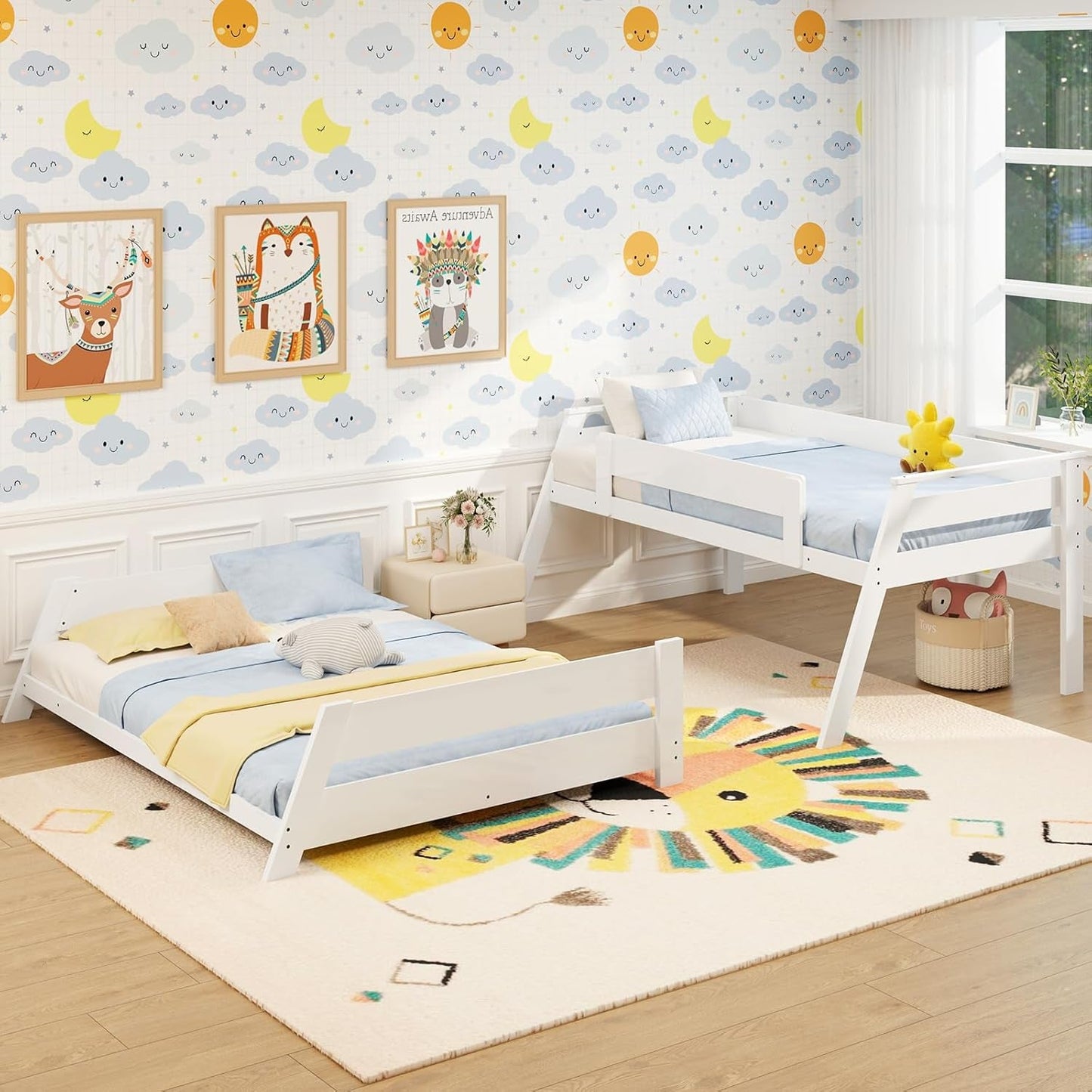 Wood Bunk Beds Twin over Full Size, Solid Wood Floor Low Bunk Bed W/Removable Ladder & Full-Length Guardrails, Low Profile Full Size Bunk Bed for Kids, Teens, Juniors, Small Spaces (White)-3