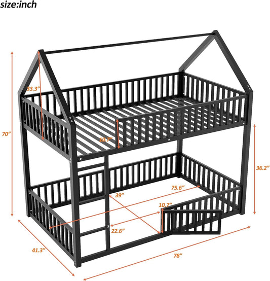 Metal Bunk Beds Twin over Twin Size, Twin over Twin Bunk Beds for Kids, Floor Bunk Bed, House Bunk Bed for Kids,Black-1