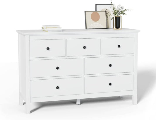 White 7-Drawer Modern Dresser with Solid Wood Legs-1