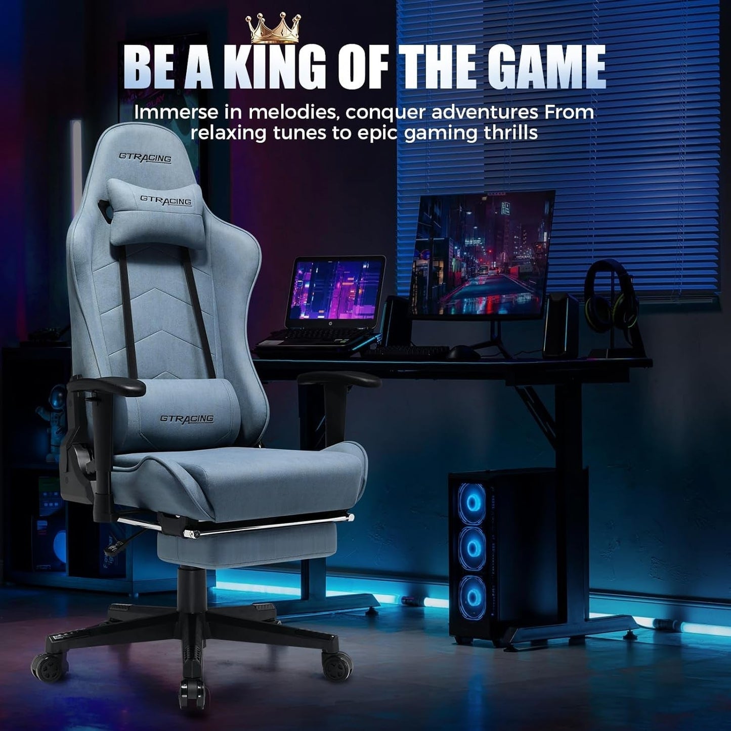 Gaming Chair Breathable Fabric, Racing Style Computer Chair for Adult, Adjustable Reclining Backrest and Lumbar Support, Stylish High Back Chair for Gaming and Office (Light Blue)-4