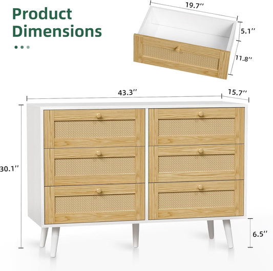 6 Drawer Rattan Modern Dresser for Bedroom, Wooden Dresser Chest with Handles for Bedroom, Living Room and Hallway, White-1