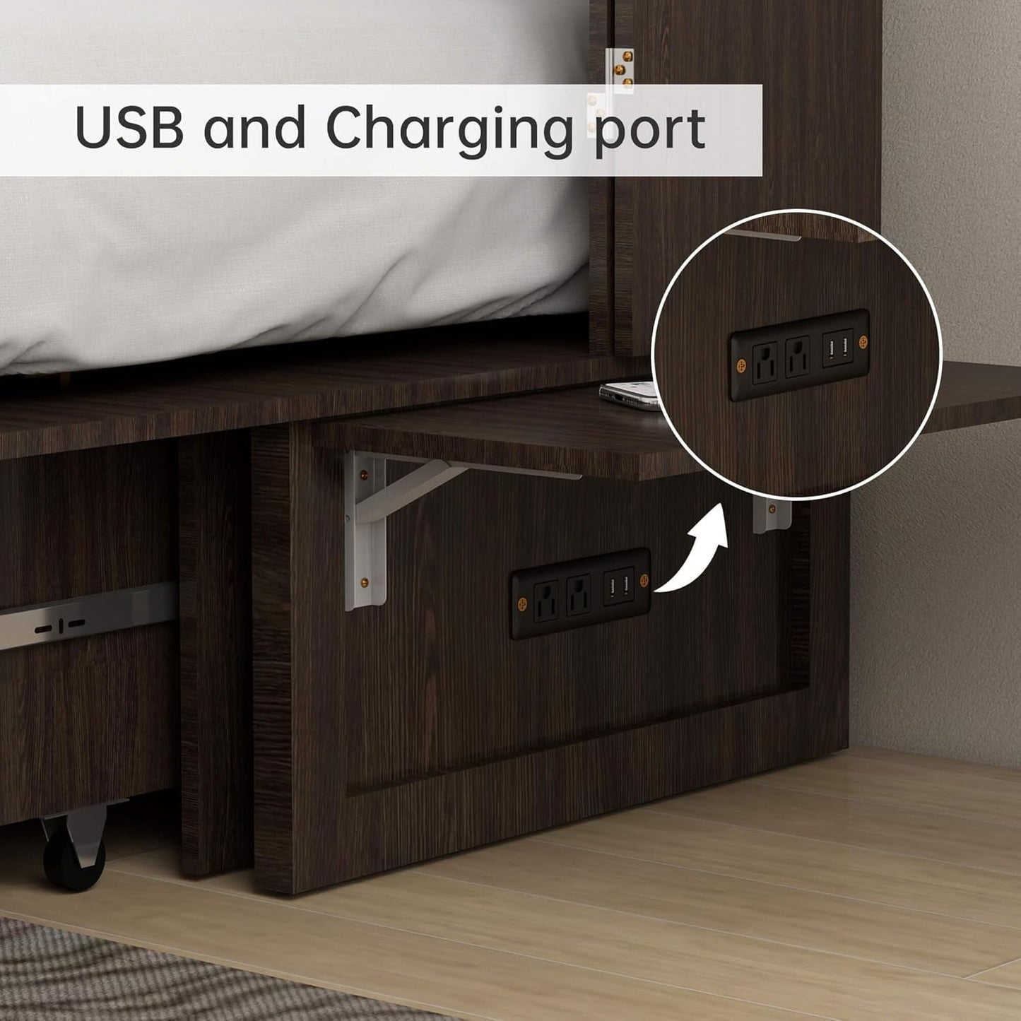 Queen Murphy Bed Cabinet with Charging Station and Storage-4