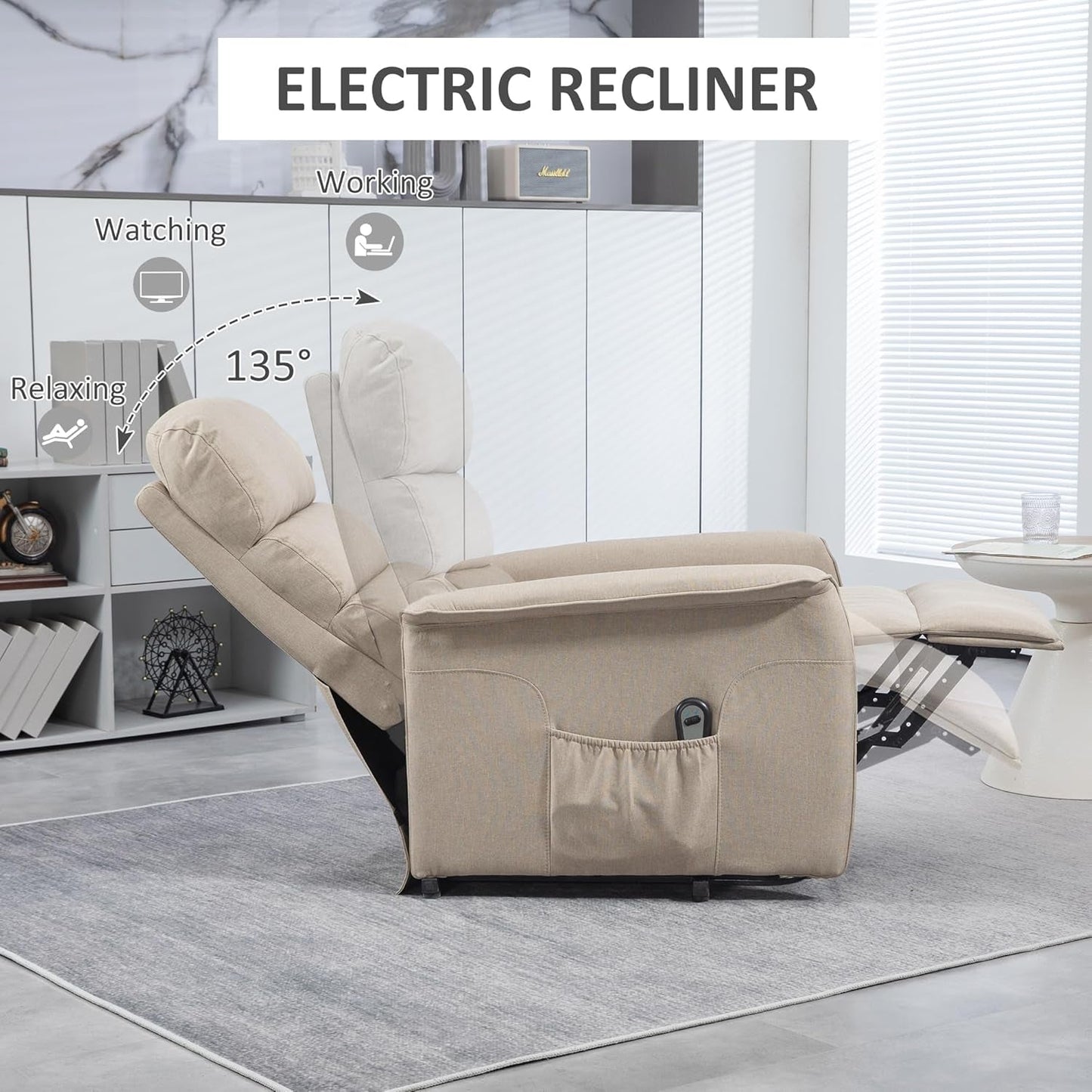 Power Lift Recliner Chair for Elderly, Easy Assembly, Fabric Lift Chair for Adults, Recliner Sofa with Remote Control, Side Pockets for Living Room, Beige-4