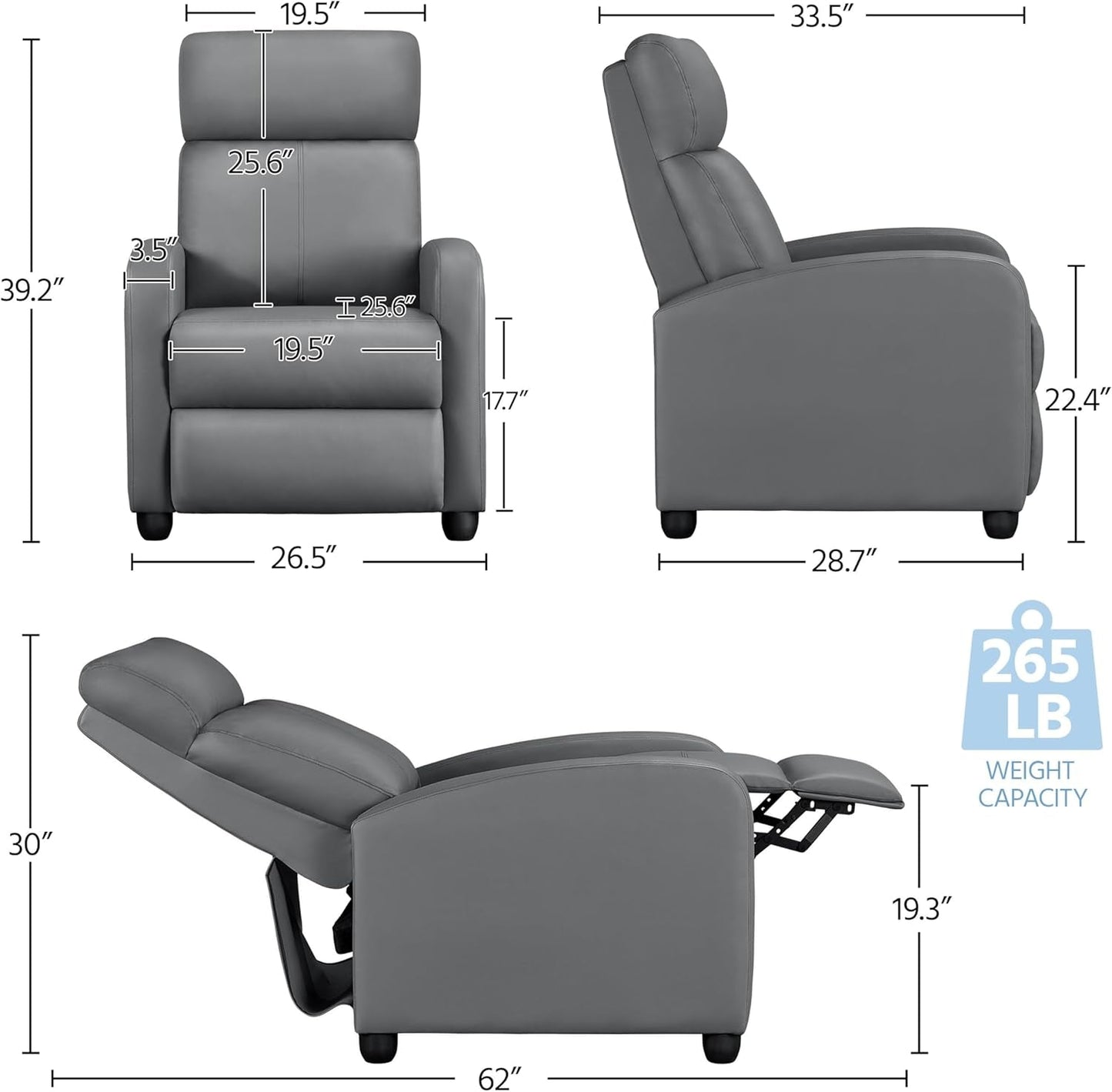 Recliner Chair PU Leather Recliner Sofa Home Theater Seating with Lumbar Support Overstuffed High-Density Sponge Push Silver Gray Recliners-2