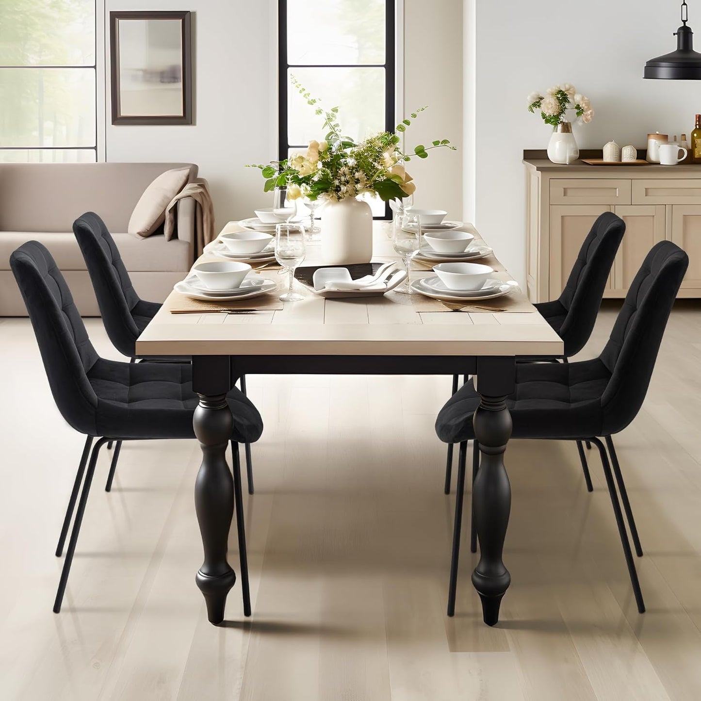 Velvet Dining Chairs, Upholstered Reception Chairs, Tufted Accent Chair with Metal Legs for Home Kitchen, Living Room, Set of 2, Black-2