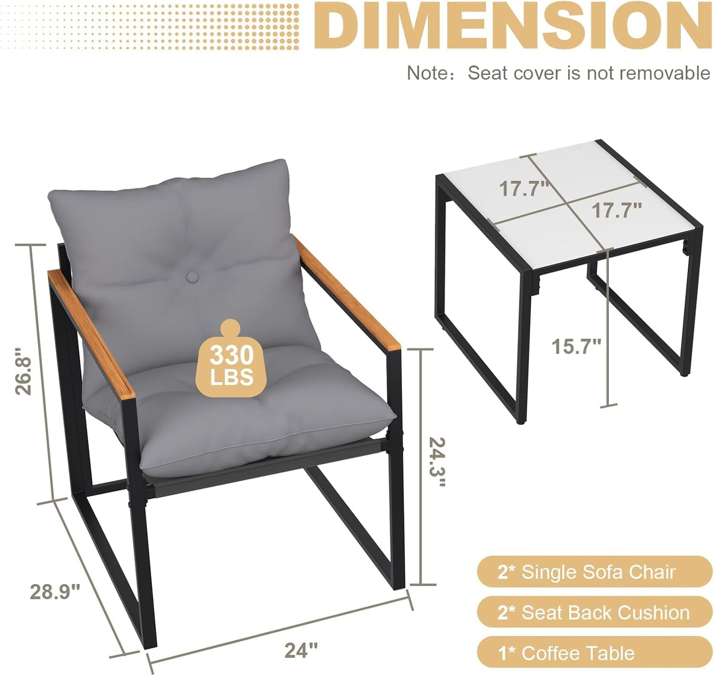 Patio Outdoor Furniture 3 Pcs Bistro/Converstation Set with 2 Chairs and 1 Coffee Table, Together with Cushions&Backrest, for Patio, Indoor, Garden, Balcony, Poolside, Bistro-4