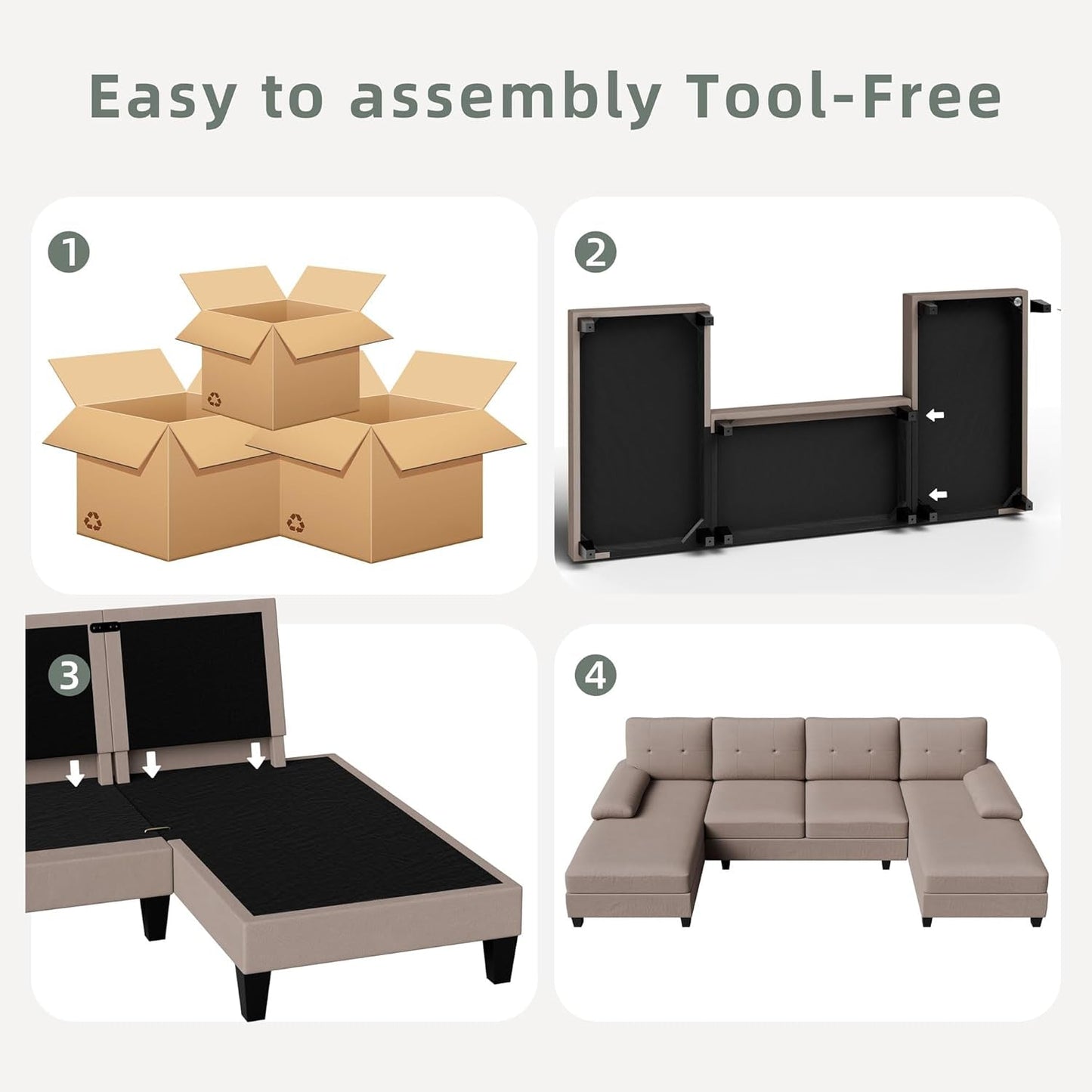 U-Shaped Sectional Sofa with Double Chaise, 4-Seat Linen Fabric Living Room Furniture Set, High-Density Cushions for Ultimate Comfort & Modern Style, Beige-4