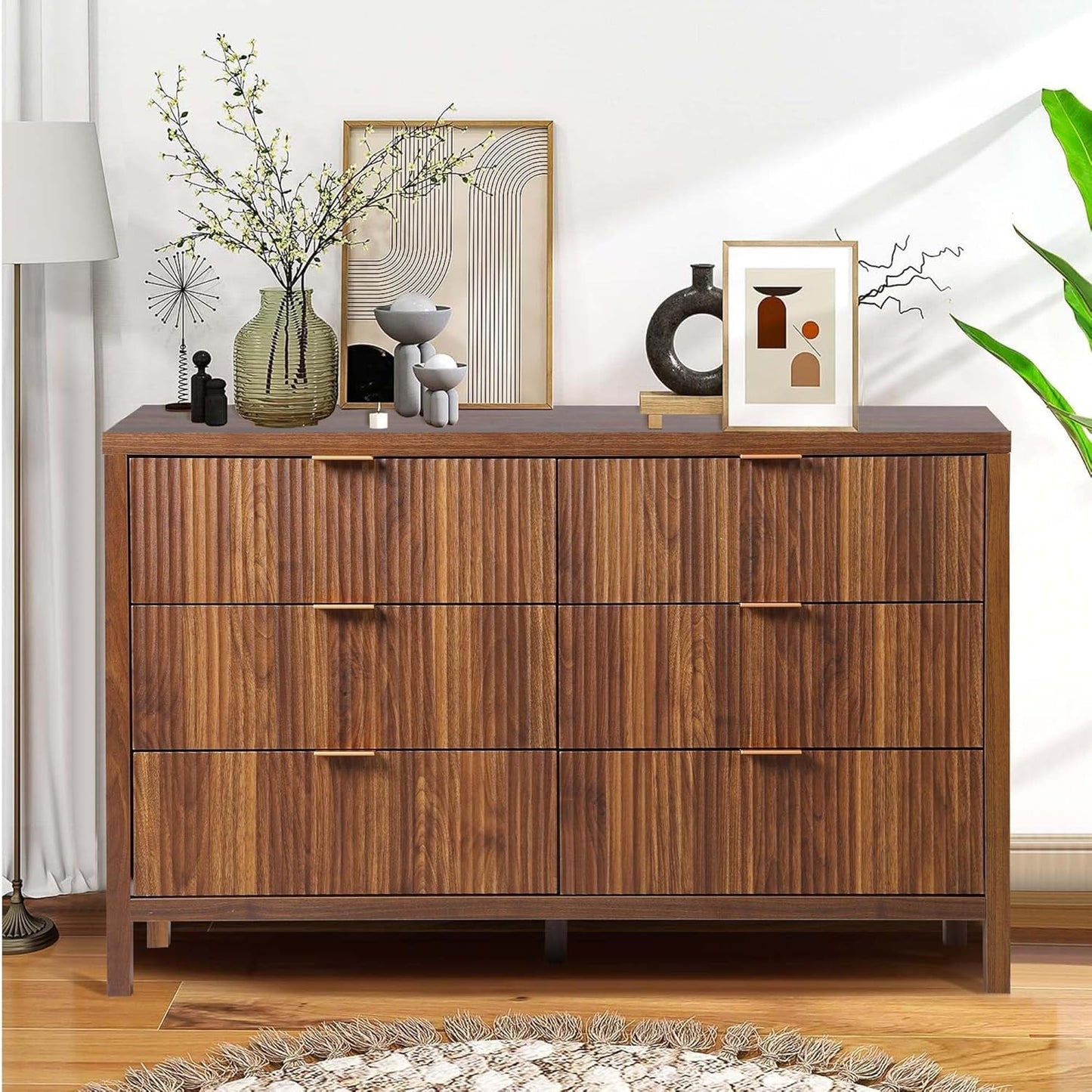 Fluted 6 Drawer Double Dresser for Bedroom, 47" Wide Modern Closet Dressers Chest of Drawers, Wood Storage Dresser Organizer for Nursery Bedroom Living Room Hallway Closet, Walnut-4