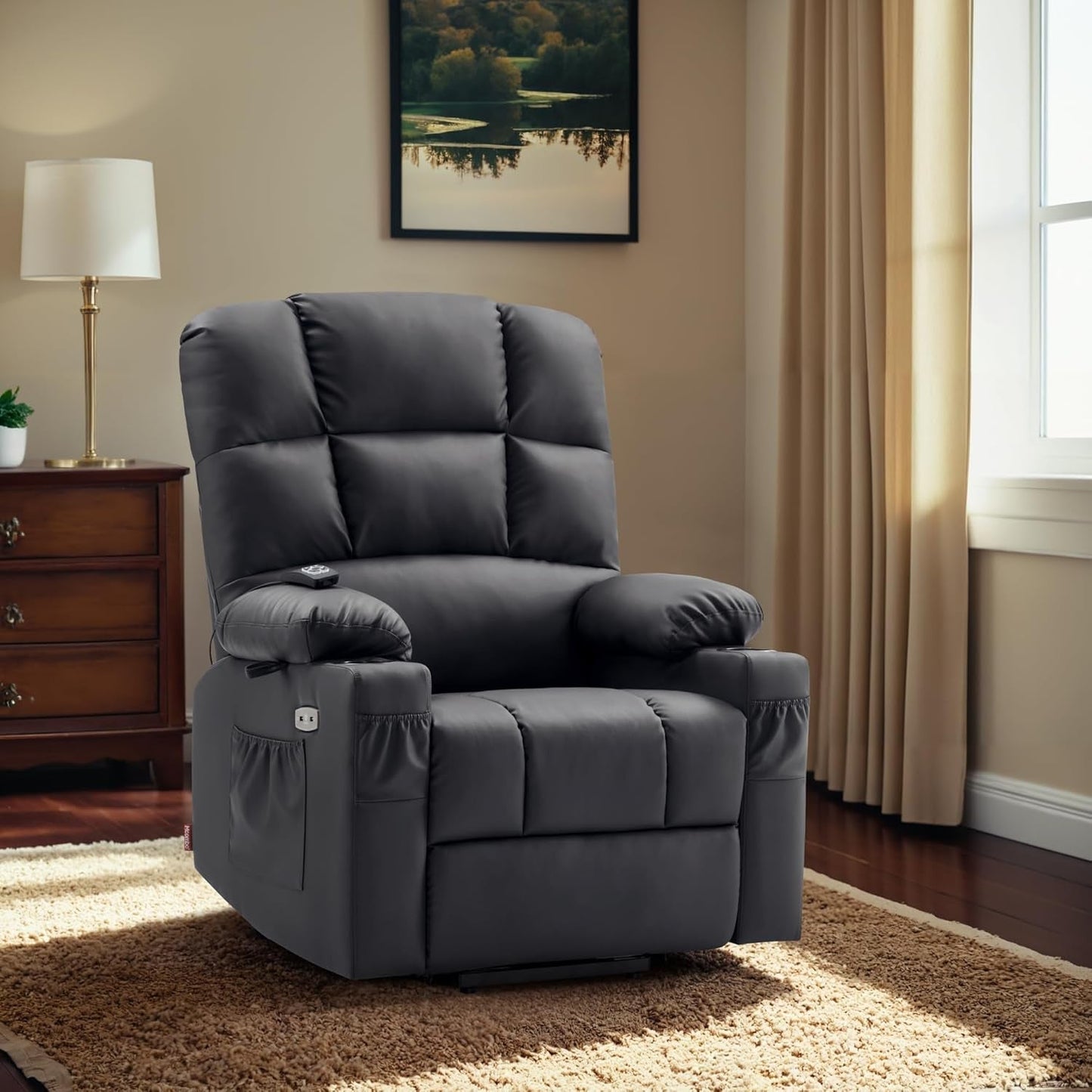 Large Lay Flat Dual Motor Power Lift Recliner Chair Sofa with Massage and Heat for Elderly People, Infinite Position, Faux Leather 7680 (Black, Large)-1