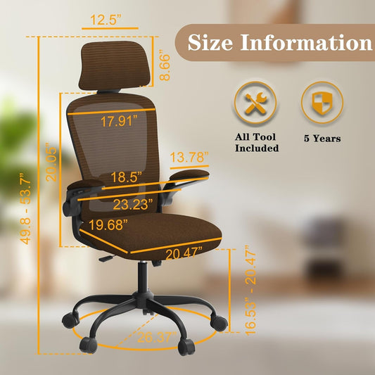 Ergonomic Mesh Office Chair, High Back Computer Desk Chair with Adjustable Lumbar Support & Headrest, Swivel Task Chair with Flip-Up Armrests for Home & Office (English, Brown)-1