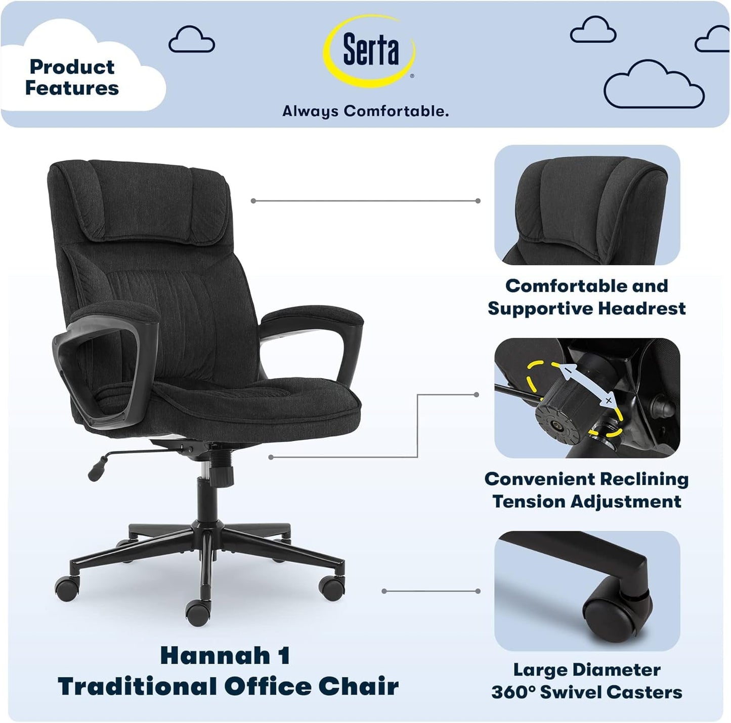 Hannah Executive Home Office Desk Chair, Ergonomic Mid-Back with Lumbar Support, Firm Seat Cushion, Layered Body Pillows, Padded Armrests, Swivel Base, Easy Assembly, Microfiber, Charcoal Grey-3