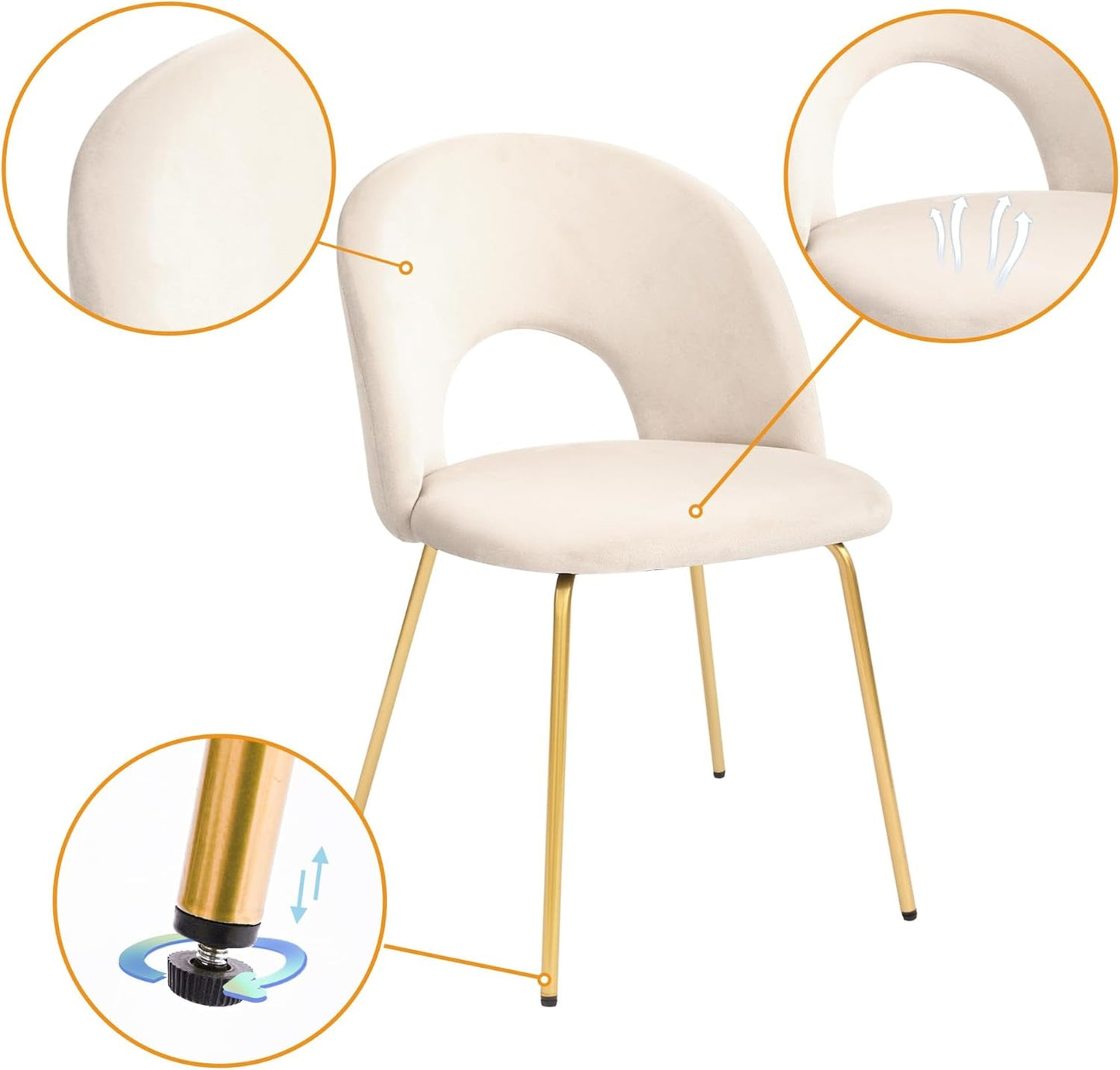 Velvet Seat Chair with Metal Legs for Kitchen Dining Room, Pack of 2. Beige-4