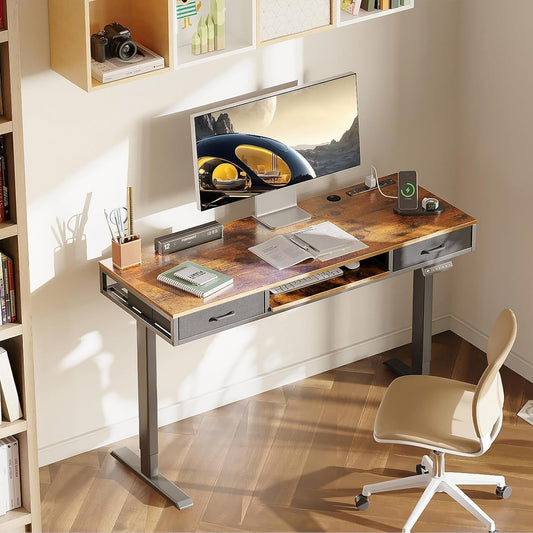 Electric Standing Desk with Drawers & Keyboard Tray, 55 Inch Height Adjustable Desk with Power Outlets, Sit Stand Table, Writing Computer Desk for Home, Office, Workstation, Rustic Brown-1