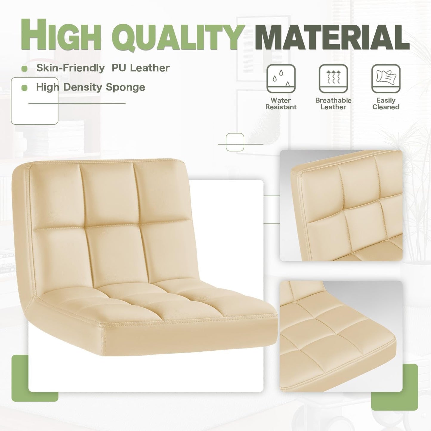 Bar Stools Modern Pu Leather Swivel Adjustable Hydraulic Bar Stool Square Counter Height Stool Set of 2 (Beige)-4