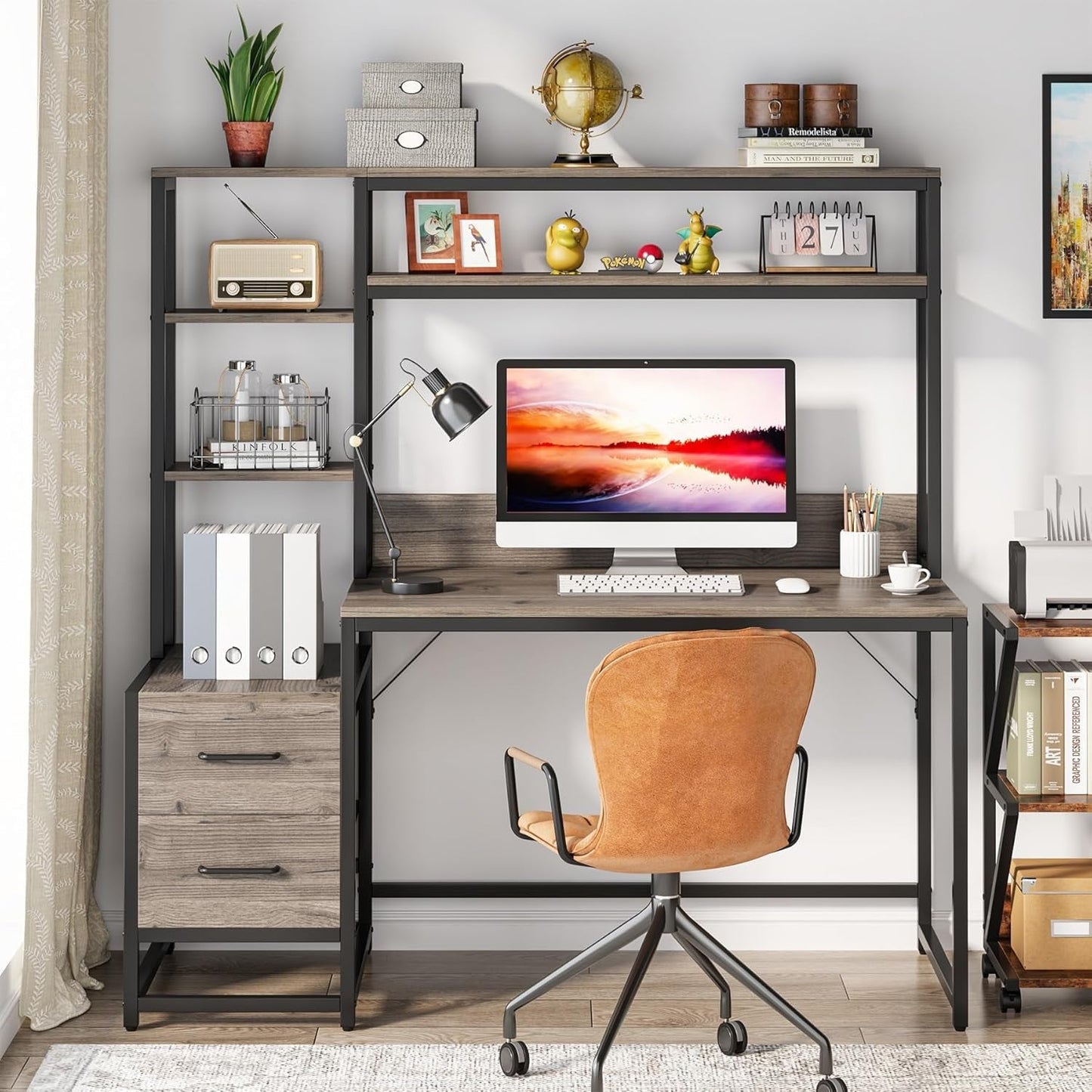 55 Inch Computer Desk with 2 Drawers and Storage Shelves, Rustic Office Desk with Hutch, Study Writing Gaming Table Laptop Workstation for Home Office (Grey)-3