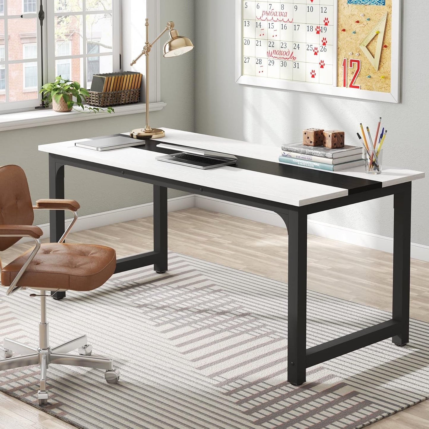 70.8”Executive Desk, Large Office Computer Desk with Thicken Frame, Modern Simple Workstation Business Furniture for Home Office, White/Black-2