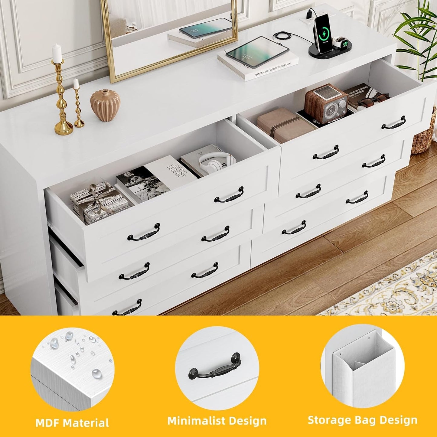 White Drawers TV Stand for 65 Inches with Power Outlets -Chest of Drawers Dresser with Side Organizer Bag Entertainment Center TV Console, White-2