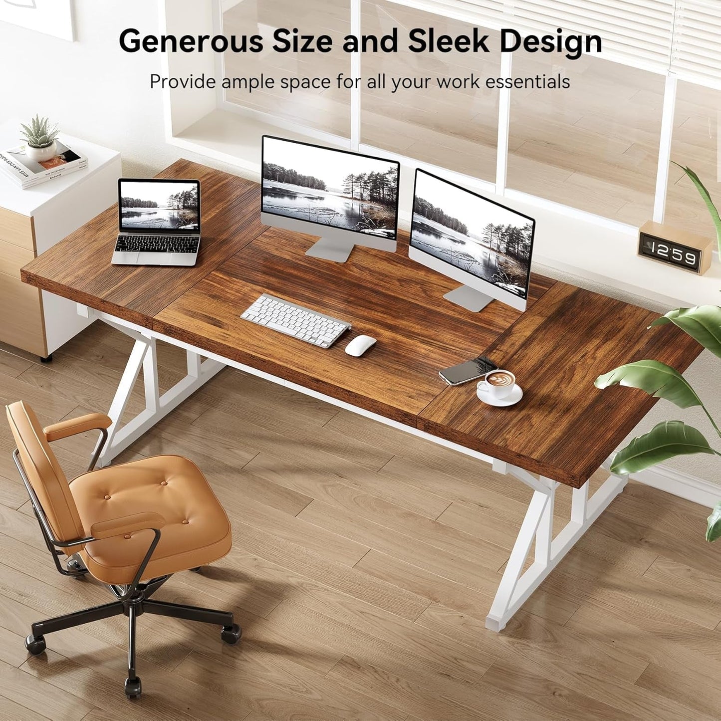 70.8-Inch Large Executive Desk, Modern Computer Office Desk, Wooden Writing Desk Study Table for Home Office-4