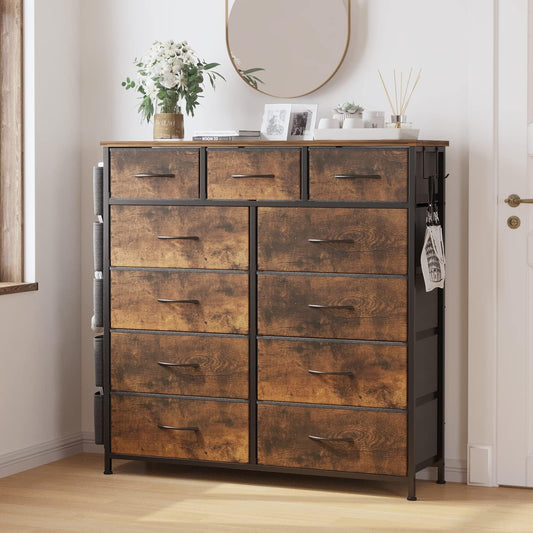 Dresser for Bedroom with 11 Drawer, Dressers & Chests of Drawers with Side Pockets, Hooks, Fabric Storage Drawer, Steel Frame, Wood Top, Organizer Unit and Pull Handle for Closet.-1