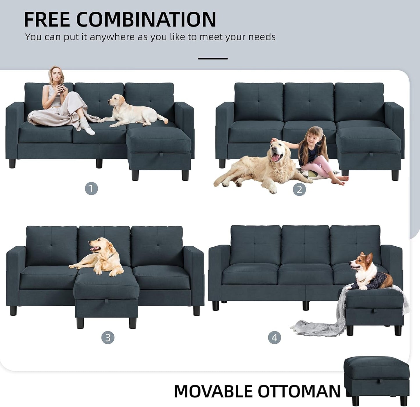 Convertible Sectional Sofa Couch,3 Seat L Shaped Couches with Storage Function Ottoman,Modern Linen Convertible Sectionals Sofas with Armrest Reversible Chaise for Living Room and Small Space-4