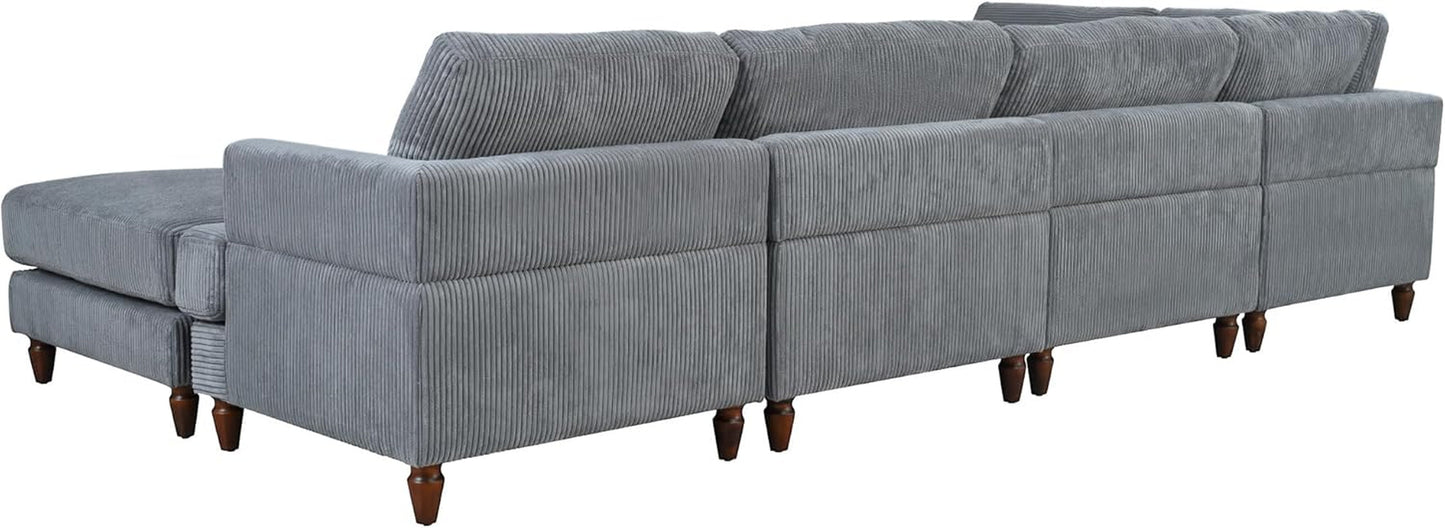 Deep Seat Convertible Modular Sectional Sofa Set, Free Combinational Corner Couch with Movable Ottoman, 6-Seater Corduroy Upholstery Comfy Sofa&Couches with Wooden Legs for Living Room-4
