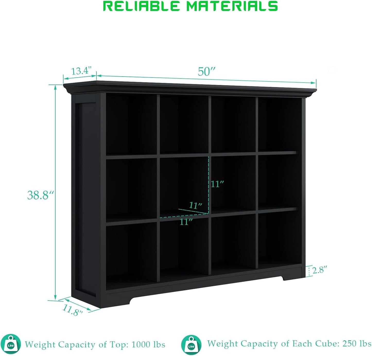 Cube Storage Bookcase with Base - Wooden 3 Tiers Floor Standing Open Shelf Cabinet for Home and Office, 12-Cube Lattice Bookshelf, Black-2