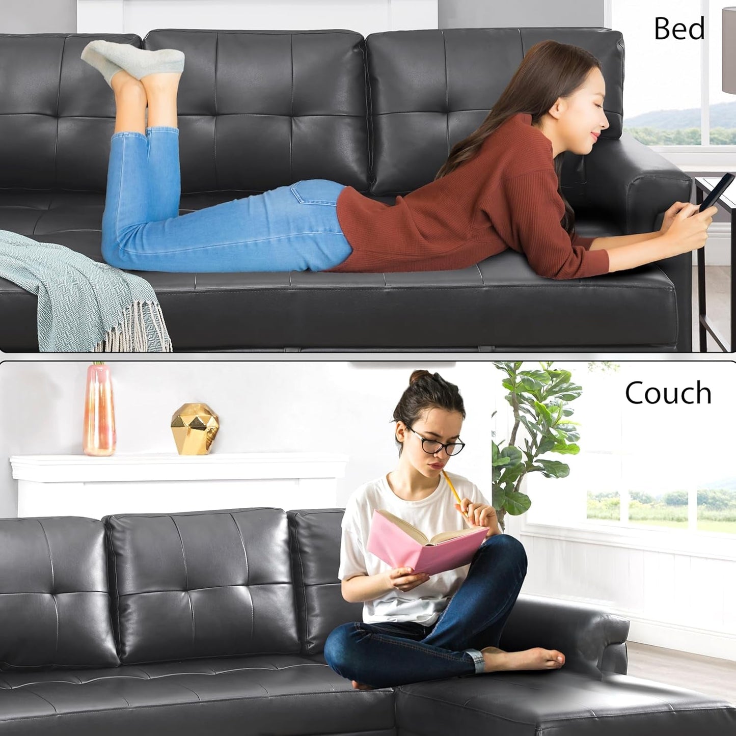 Transform Any Space: Sleeper Sectional Sofa with Convertible Sofa Bed & Inviting Chaise. Find Tranquil Comfort with Stress-Relieving Design & Durable Cushions - Black/Air Leather-4