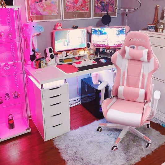 Gaming Chair, Office Chair High Back Computer Chair Leather Desk Chair Racing Executive Ergonomic Adjustable Swivel Task Chair with Headrest and Lumbar Support (Pink)-1