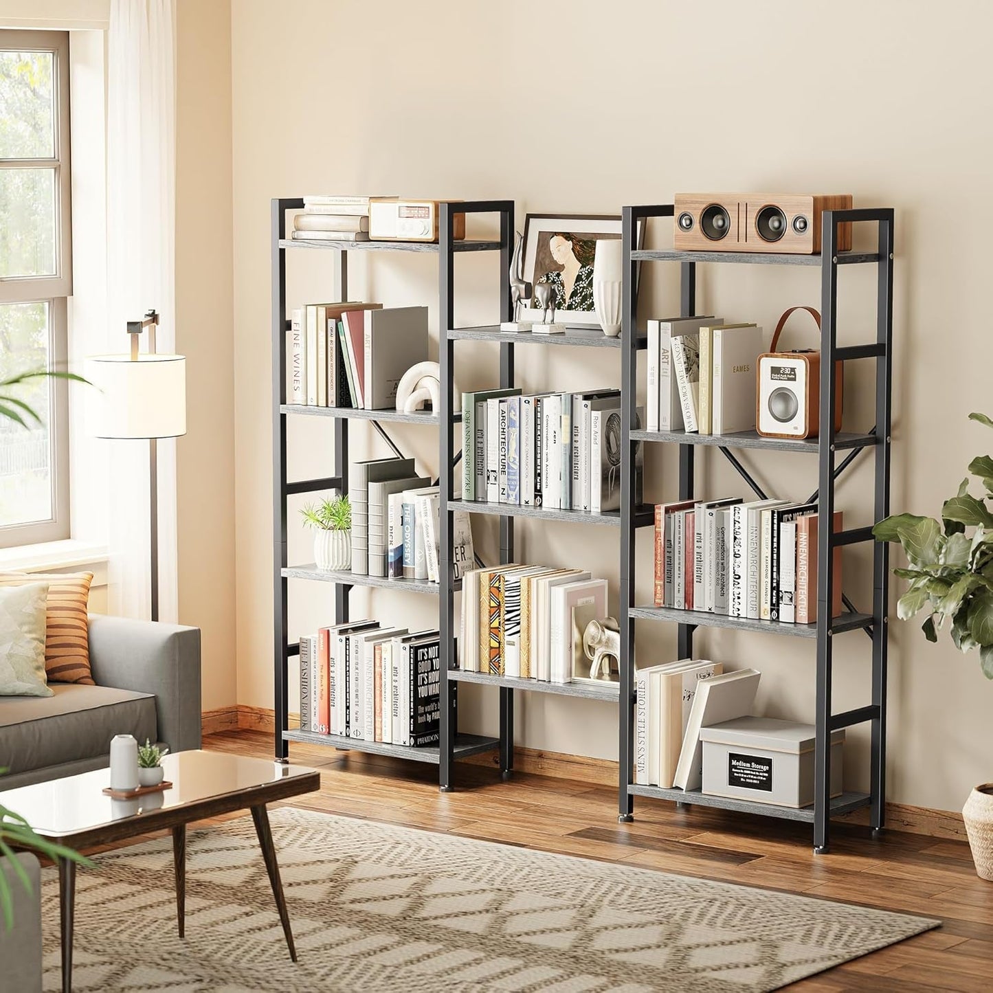 Triple 4 Tier Bookshelf, Bookcase with 11 Open Display Shelves, Wide Book Shelf Book Case for Home & Office, Grey-1