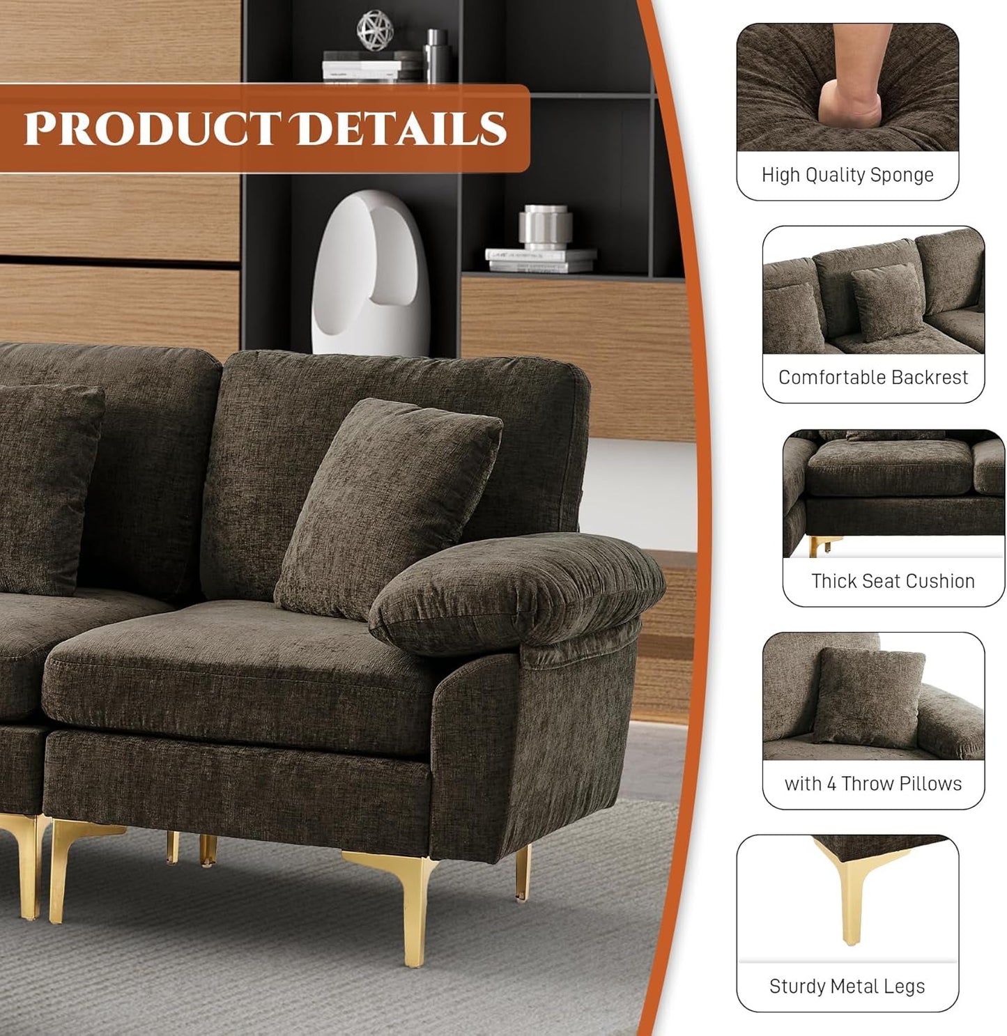 U-Shaped Sectional Sofa Couch, 4 Seat Sofa Set for Living Room, Convertible L-Shaped Chenille Couch Set with Chaise Lounge, Ottoman and Pillows,114 Inches (Brown)-3