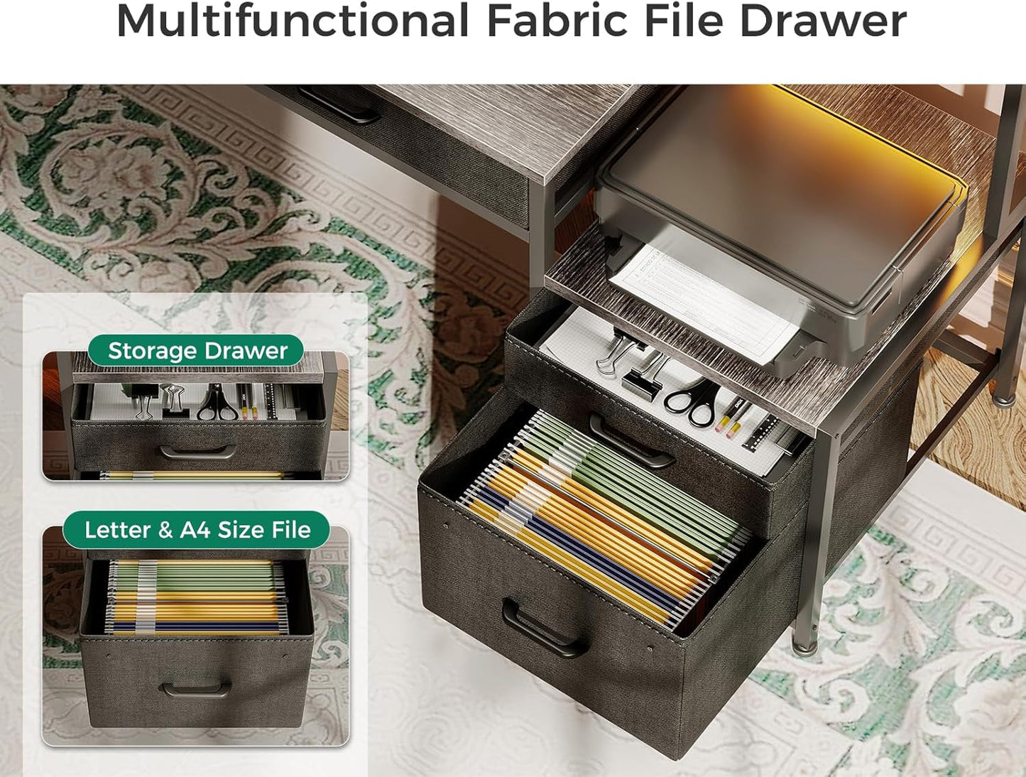 48-Inch Computer Desk with Fabric File Cabinet and Fabric Drawers, Reversible Office Desk with LED Strip and Power Strip, Gaming Desk with Monitor Riser, Writing/Study Table for Home, Oak Grey-4