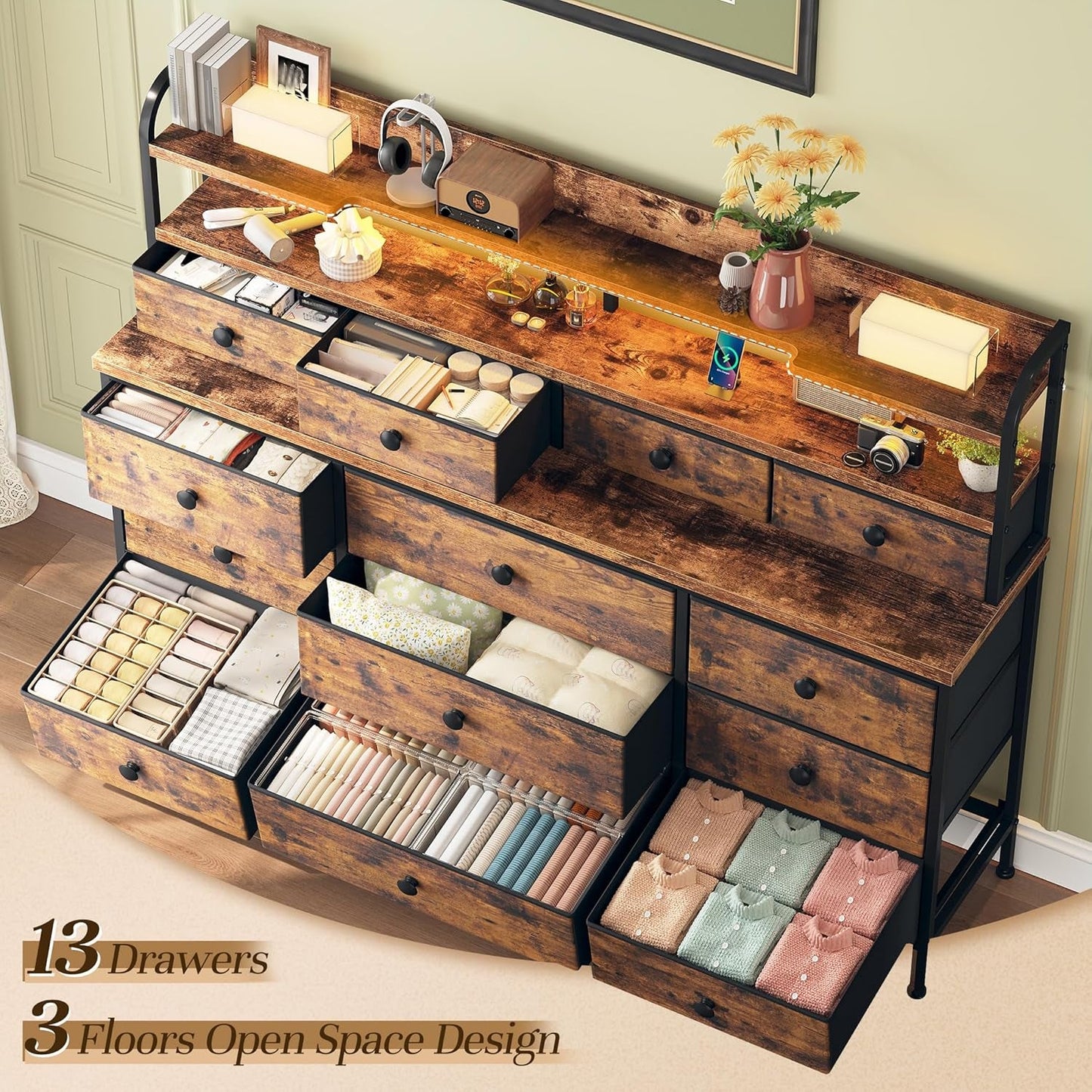 51" Wide 13 Drawer LED Dresser for Bedroom-4