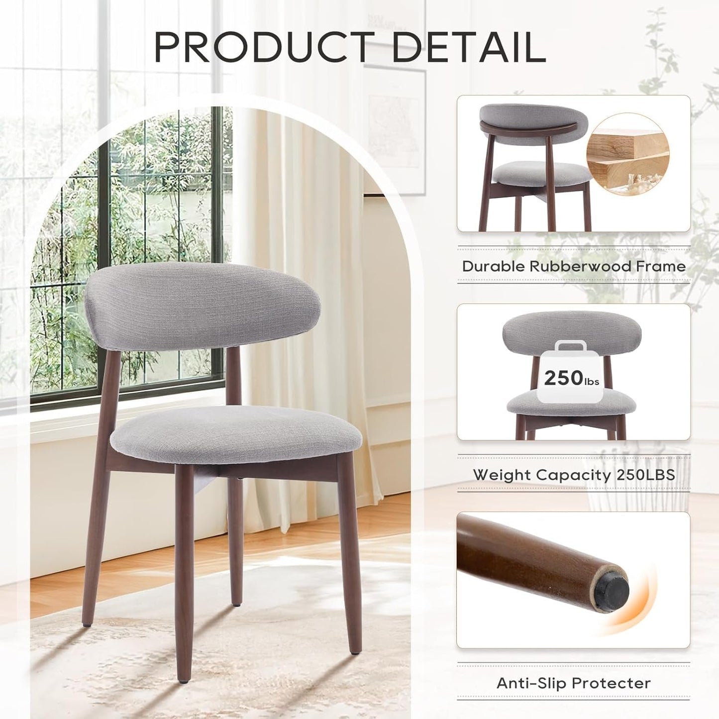 Wooden Dining Chairs Set of 6, Modern Fabric Upholstered Kitchen Side Chairs, Farmhouse Dining Room Chair with Foot Pegs, Light Grey-4