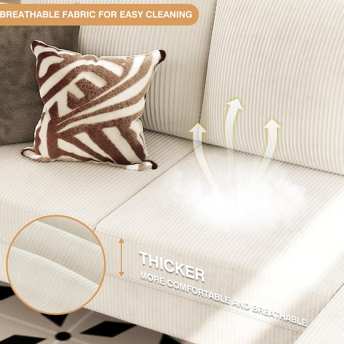 Convertible Sectional Sofa Couch, 3 Seat L-Shaped Sofa with Linen Fabric Ottoman Small Couch for Small Apartments, Living Room and Office (Corduroy, Cream)-4