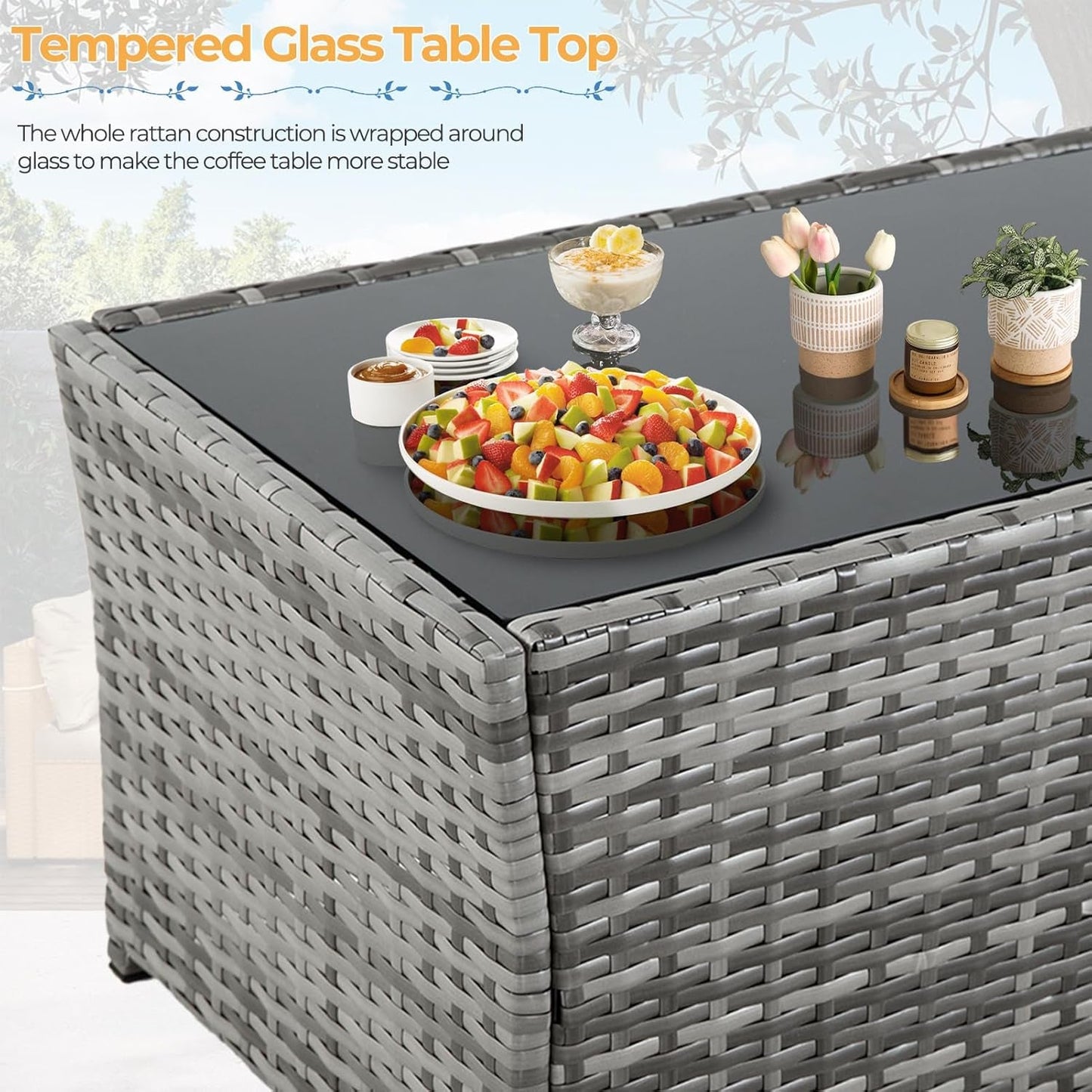 4 Piece Outdoor Patio Furniture Sets, Wicker Sectional Conversation Sofa Set, Rattan Table and Chairs and Loveseat with Cushions for outside Balcony Porch Backyard (Gray-Gray)-4