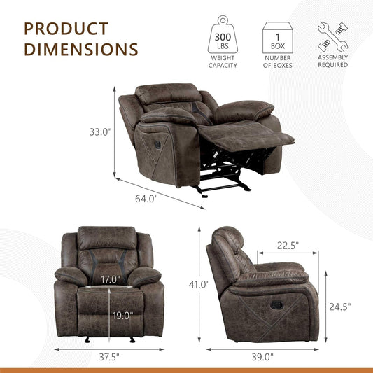 Recliner Living Room Set, Manual Polished Microfiber Upholstery Recliner Sofas, Loveseat and Chair, 3-Piece Set, Dark Brown-1