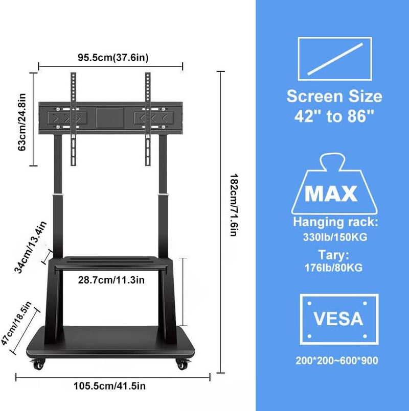 Mobile TV Cart,Rolling Tvs Cart on Wheels Height Adjustable Heavy-Duty Floor Stand Base for 42-86 Inch LCD LED OLED Flat Panel Screens Smartboard Movable Holds up to 176Lbs with Shelf-4