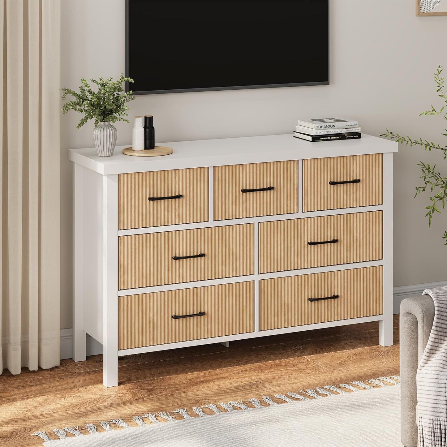 White 7 Drawer Fluted Dresser with Wood Legs-4