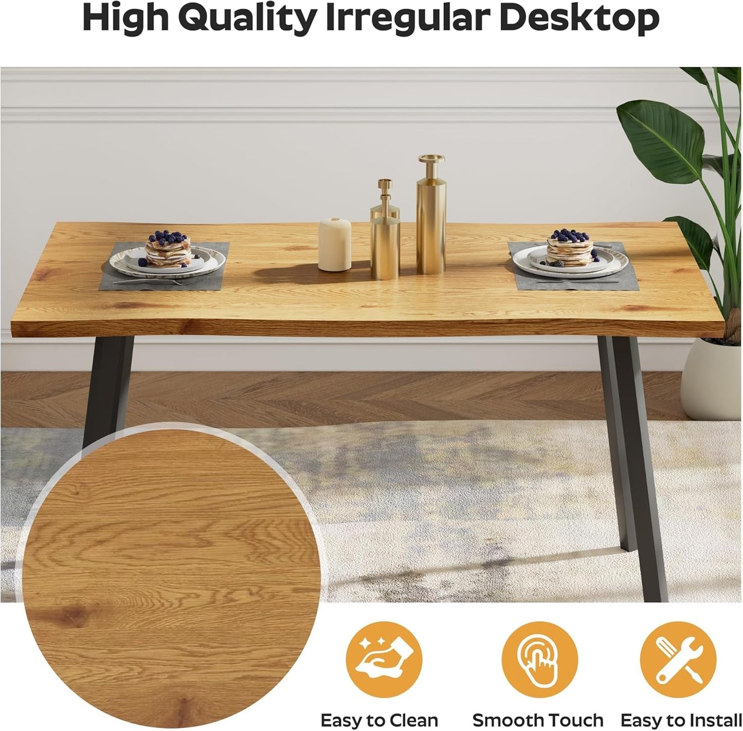 53" Rectangle Dining Table for 2-6 Person, Modern Wooden Irregular Dining Table Kitchen Table Desk Dinner Table for Small Spaces, Easy Clean Living Room Natural Table for Home Kitchen Restaurant-4