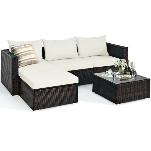 5 Pieces Patio Rattan Sectional Furniture Set with Cushions and Coffee Table-1