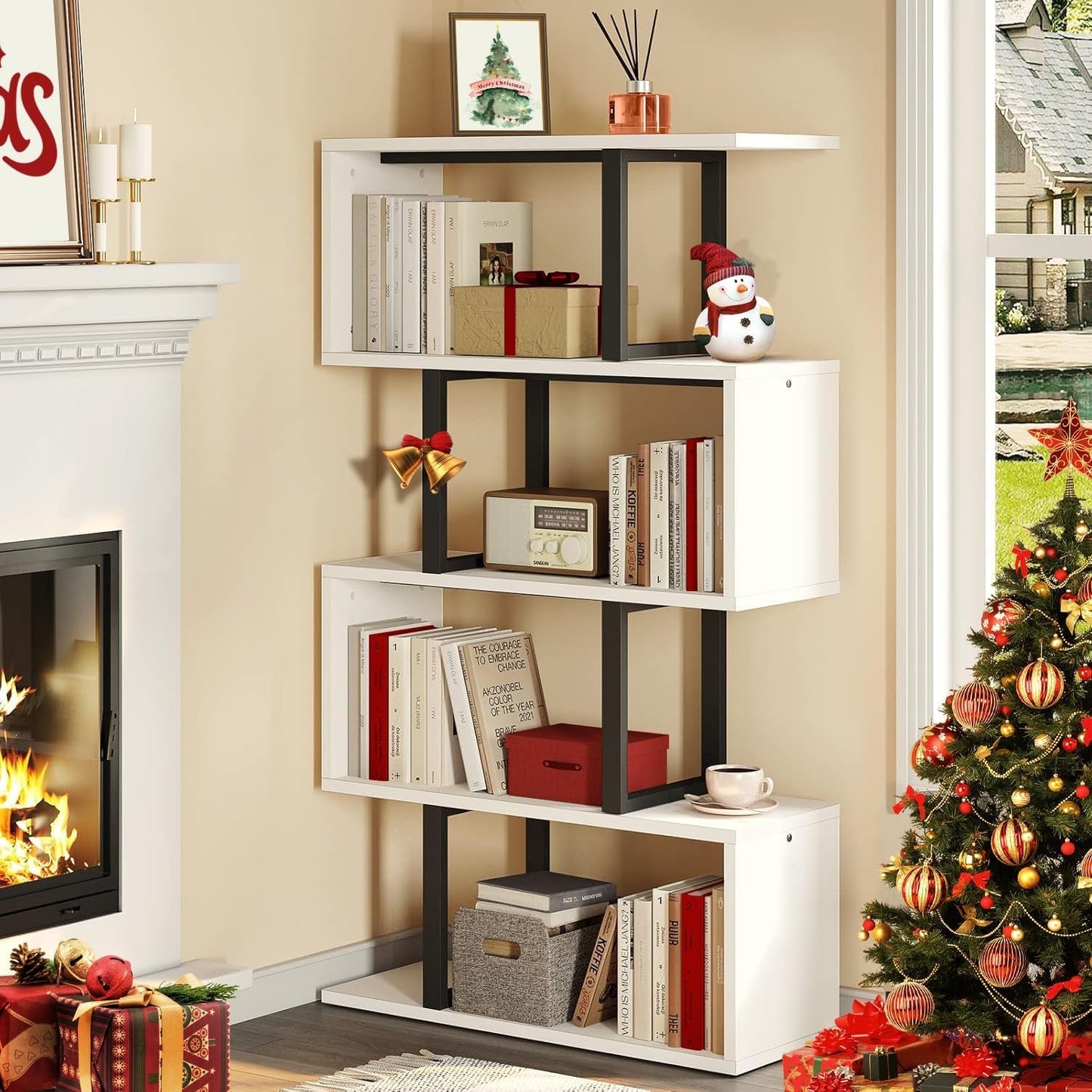 5-Tier Bookshelf, S-Shaped Z-Shelf Bookshelves and Bookcase, Modern Freestanding Multifunctional Decorative Storage Shelving for Living Room Home Office, Cream White-0