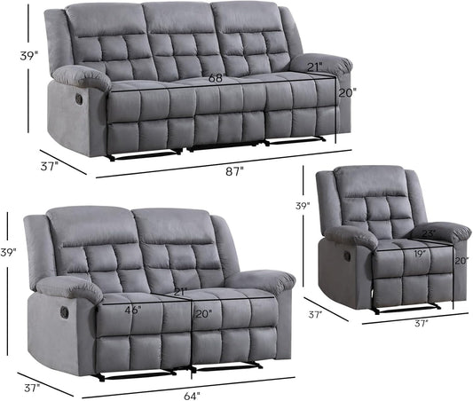 Manual Reclining Couch Sofa Set for Living Room, Include 1 Recliner Chair, 1 Loveseat Recliner Sofa and 1 3-Seat Reclining Sofa for Office, Grey (Recliner+Loveseat+Sofa)-1