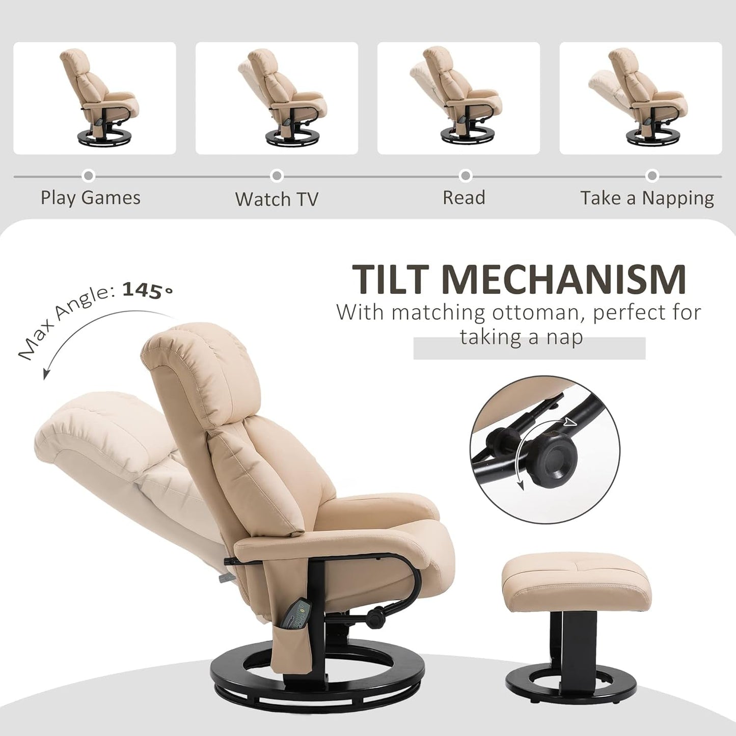 Massage Recliner Chair with Ottoman, 360° Swivel Recliner and Footstool, 10 Point Vibration, PU Leather Reclining Chair with Side Pocket and Remote Control, Beige-4