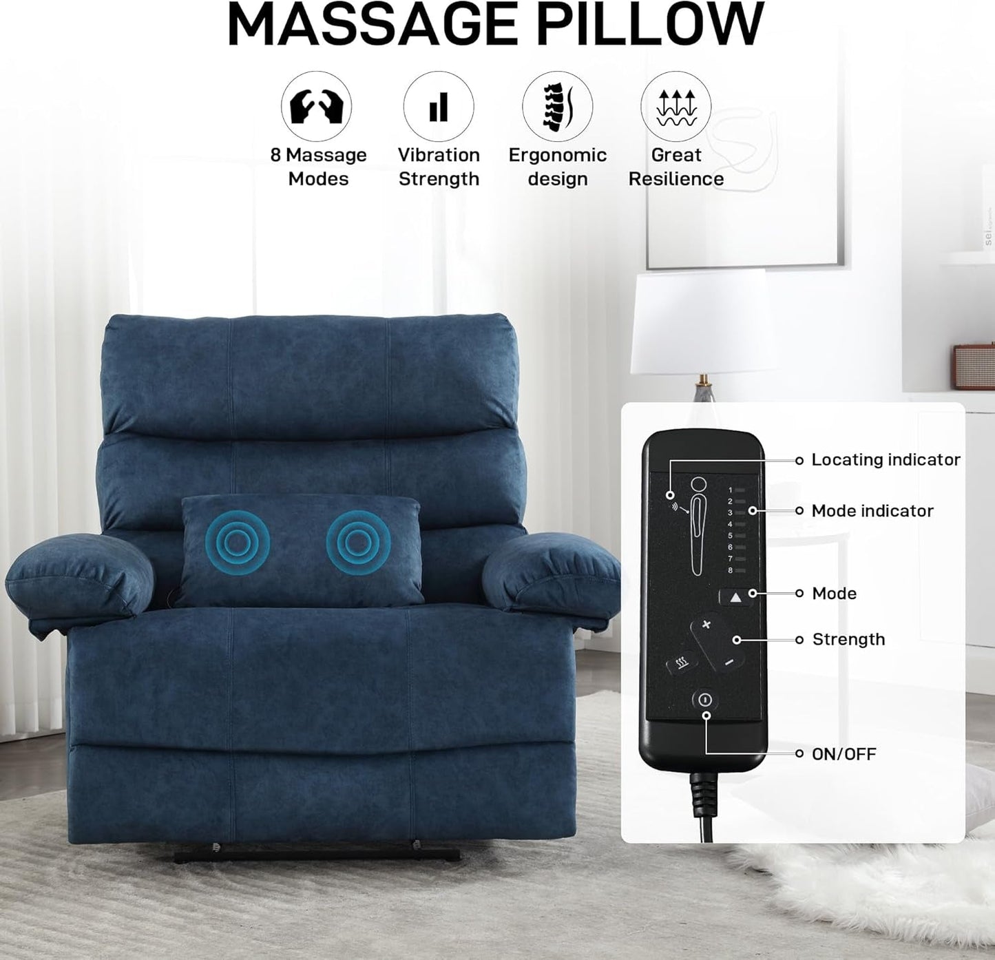 Oversized Wide Seat Recliner Flannel Massage 350lb-3