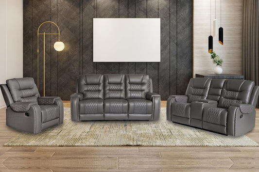 PU Leather Sofa Set, 3 Pieces Living Room Set with Cup Holders, Manual Recliner Sofa &Loveseat & Chair, Gray-1