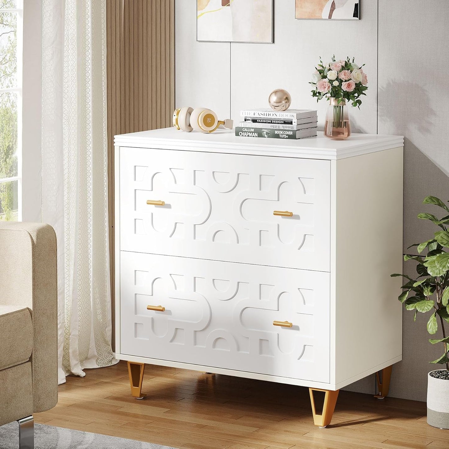 2-Drawer Lateral File Cabinet, Modern White Filing Cabinet for Legal/Letter/A4 Size, Large Storage Filing Cabinet Printer Stand for Home Office, White and Gold-3
