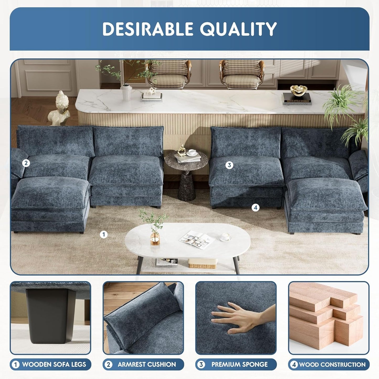 Sectional Modular Sofa U Shaped Chenille Fabric Couch with High Supportive & Soft Sponges and Removable Ottoman, Sleeper Comfy Upholstered Furniture for Living Room, Blue-4