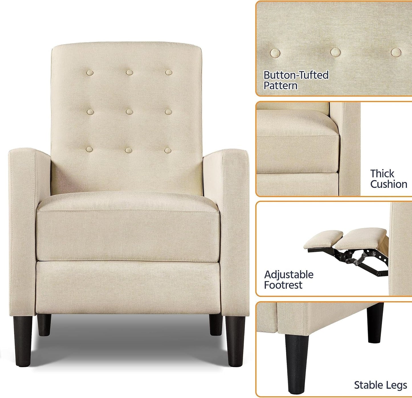 Fabric Recliner Chair Mid-Century Modern Recliner Adjustable Single Recliner Sofa with Thicker Seat Cushion Tufted Upholstered Sofa with Pocket Spring for Living Room Bedroom Beige-4