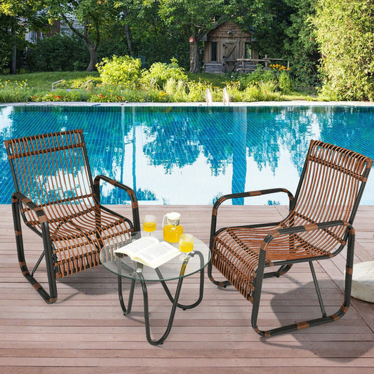 3 Pieces Patio Rattan Furniture Set with 2 Single Wicker Chairs and Glass Side Table-1