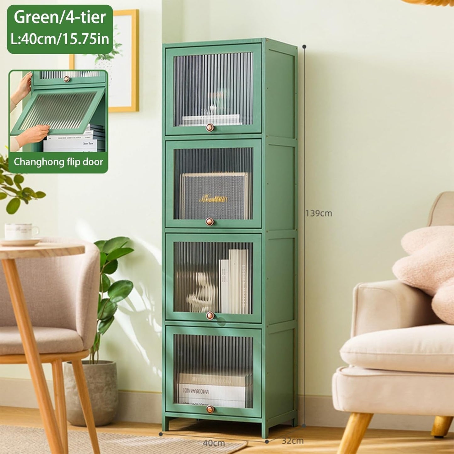 Bookcase with Clear Doors, 4-Tier Tall Bookshelf with Storage Cabinet, Bamboo Book Shelf and 4 Cube Organizer Book Case for Living Room, Freestanding Storage Cabinet (4-Tier Green)-4